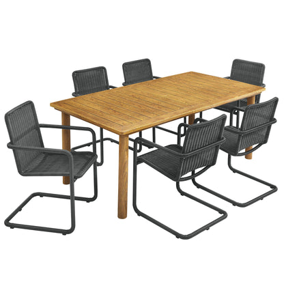Abacus 7-Piece Rectangular Outdoor Patio Aluminum Dining Table Set with Rattan Armchairs