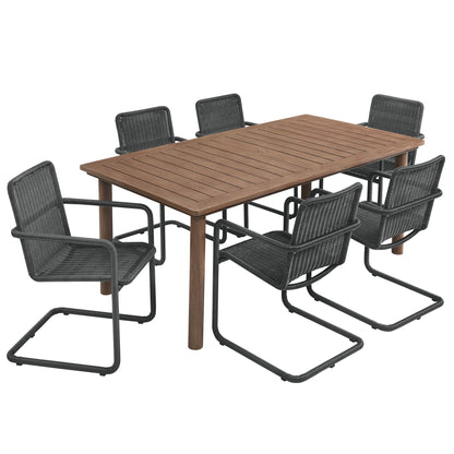 Abacus 7-Piece Rectangular Outdoor Patio Aluminum Dining Table Set with Rattan Armchairs