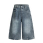 Punk Washed Distressed Denim Shorts Men's Summer Plaid Belted Contrast Pocket Loose Wide-Leg Three-Quarter Pants