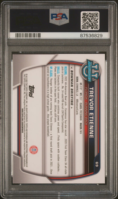 Graded 2022 Topps Bowman University Trevor Etienne #69 Chrome Prospects Rookie RC Football Card PSA 10 Gem Mint