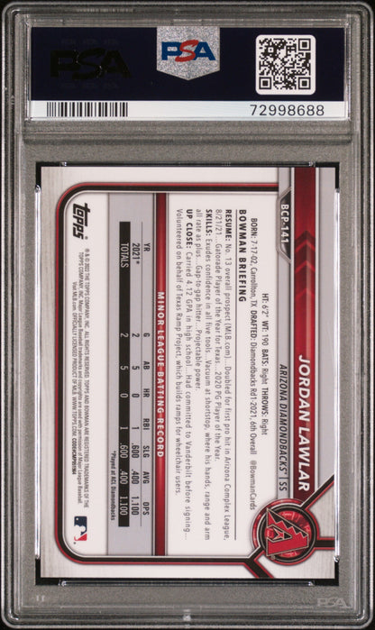 Graded 2022 Topps Bowman Sapphire Edition Jordan Lawler #BCP141 Chrome Prospects Aqua /55 Rookie RC Baseball Card PSA 10 Gem Mint