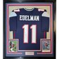 Framed Autographed/Signed Julian Edelman 35x39 New England Blue Football Jersey JSA COA