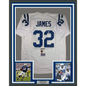 Framed Autographed/Signed Edgerrin James 35x39 Indianapolis White Football Jersey JSA COA