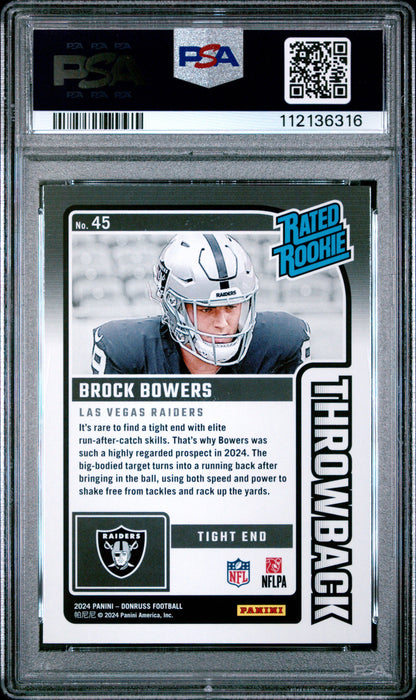 Graded 2024 Panini Donruss Brock Bowers #45 Rated Rookies Throwback Rookie RC Football Card PSA 10 Gem Mint