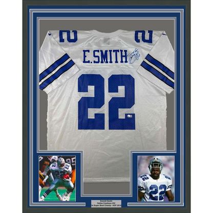 Framed Autographed/Signed Emmitt Smith 35x39 Dallas White Football Jersey Beckett BAS COA