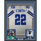 Framed Autographed/Signed Emmitt Smith 35x39 Dallas White Football Jersey Beckett BAS COA