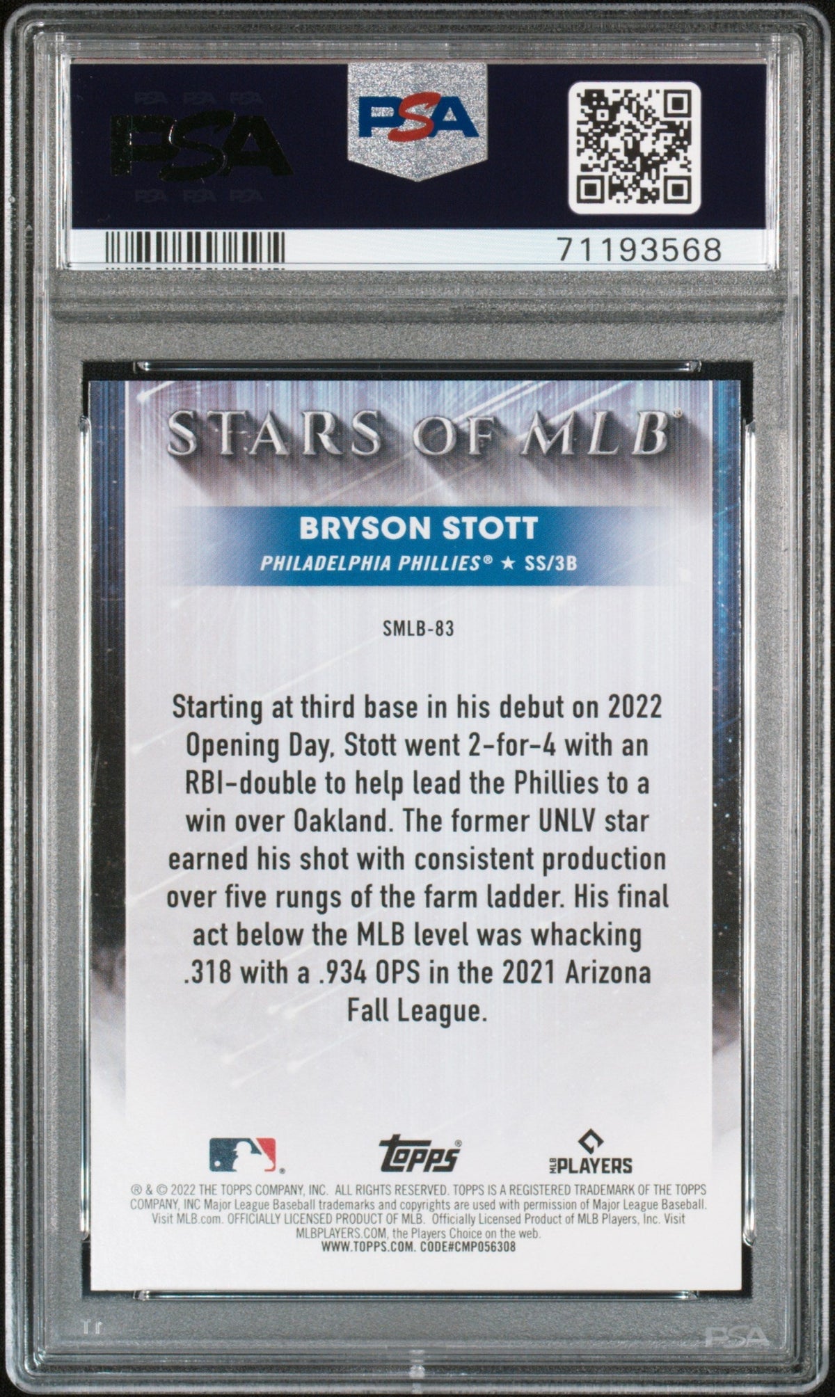 Graded 2022 Topps Bryson Stott #SMLB83 Stars of MLB Update Rookie RC Baseball Card PSA 10 Gem Mint