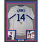 Framed Autographed/Signed Ernie Banks 35x39 Chicago Pinstripe Baseball Jersey JSA COA