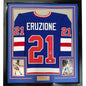 Framed Autographed/Signed Mike Eruzione 35x39 Blue 1980 Miracle On Ice United States Hockey Jersey JSA COA