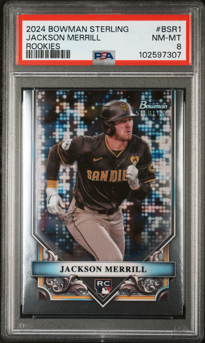 Graded 2024 Topps Bowman Sterling Jackson Merrill #BSR1 Rookies Rookie RC Baseball Card PSA 8 Near Mint