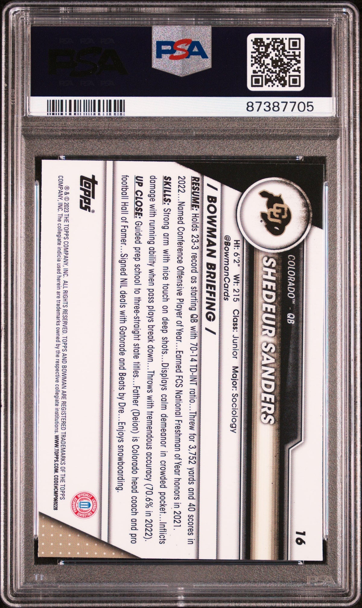 Graded 2023 Topps Bowman U Sapphire Shedeur Sanders #16 Rookie RC Football Card PSA 10 Gem Mint