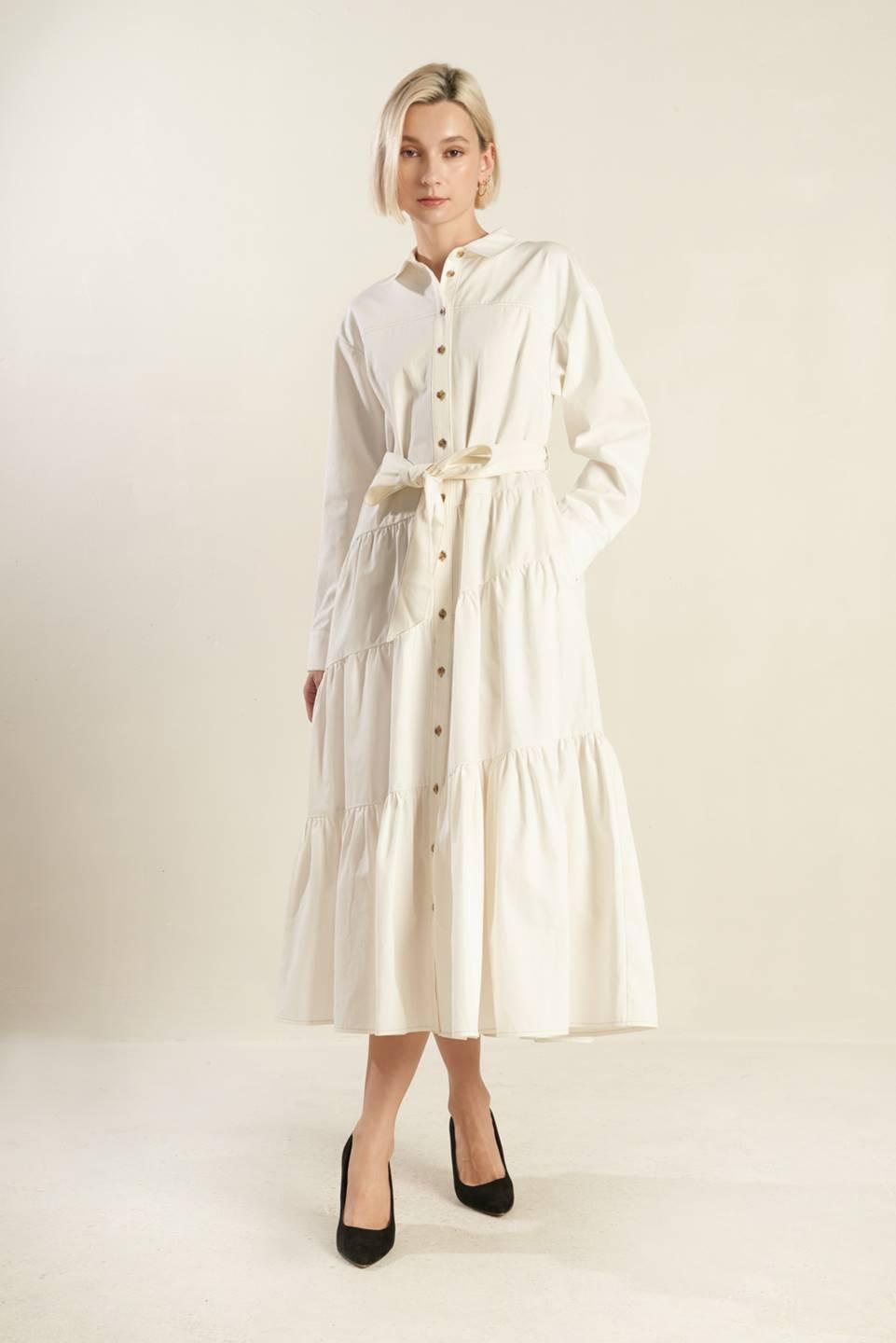 ANYTIME NOW WOVEN TWILL MIDI DRESS