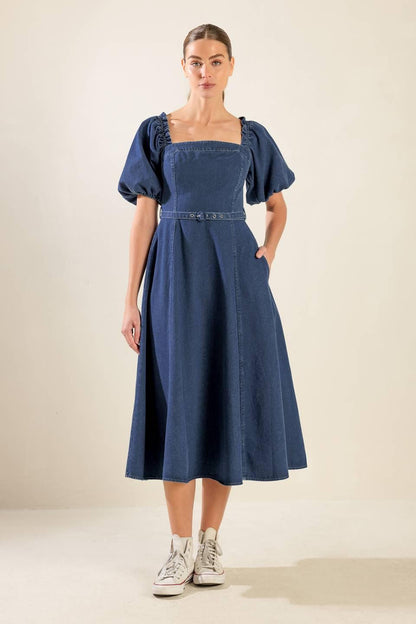 ALL SPRUCED UP DENIM MIDI DRESS