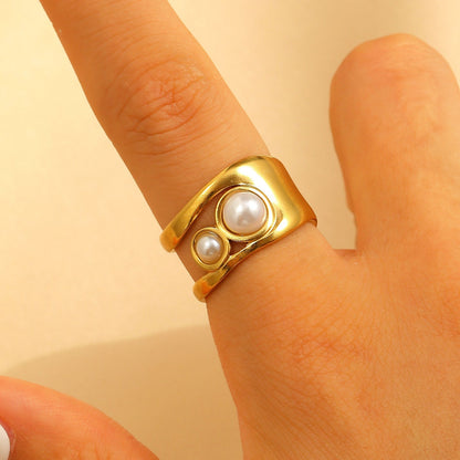 Stainless Steel Openwork Pearl & Tiger Eye Ring