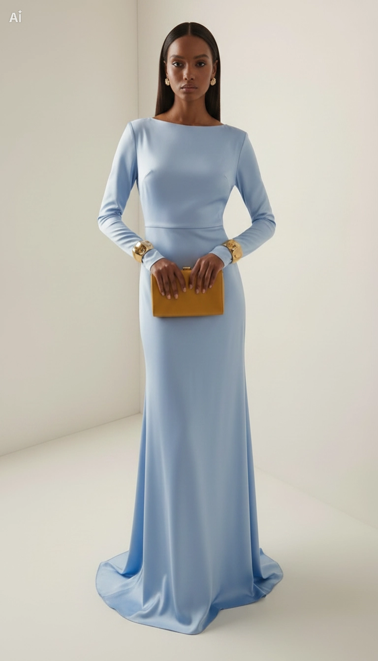 Satin Sky Blue Open-Back Long-Sleeved Maxi Dress for Elegant Evening Wear