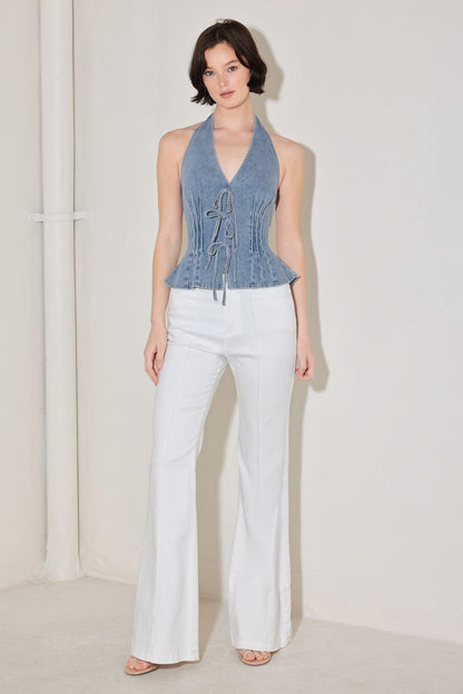 RETRO RISE HALTER DENIM TOP