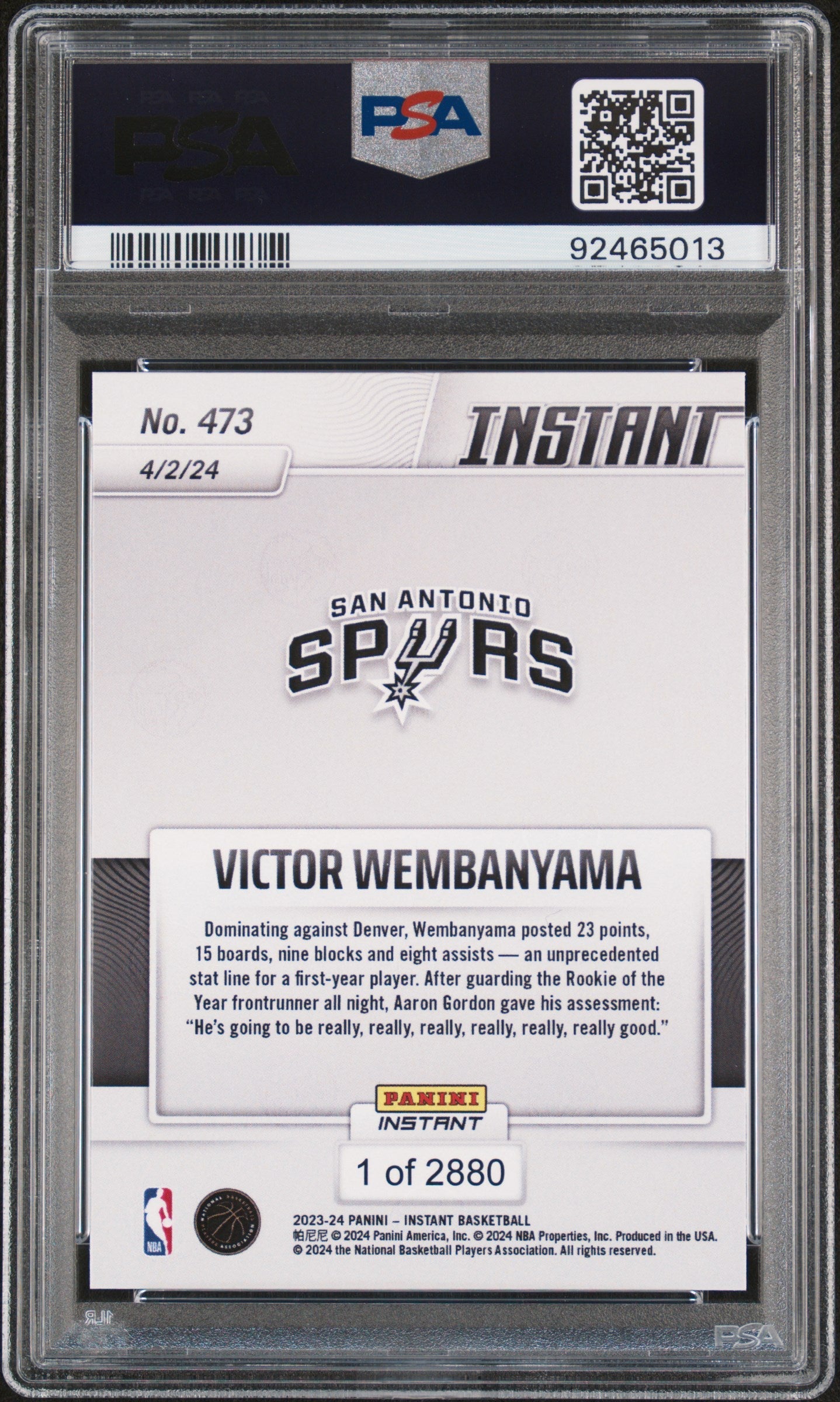 Graded 2023 Panini Instant Victor Wembanyama #473 Rookie RC Basketball Card PSA 9 Mint