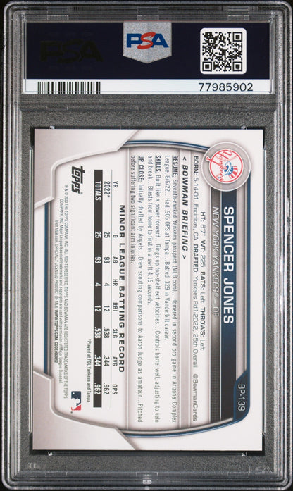 Graded 2023 Topps Bowman Spencer Jones #BP139 Paper Prospects Rookie RC Baseball Card PSA 10 Gem Mint