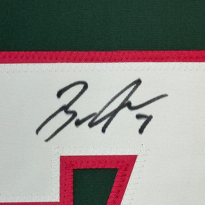 Framed Autographed/Signed Brock Faber 35x39 Minnesota Green Hockey Jersey JSA COA
