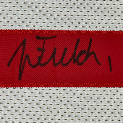 Framed Autographed/Signed Justin Fields 35x39 Ohio State White College Football Jersey Beckett BAS COA