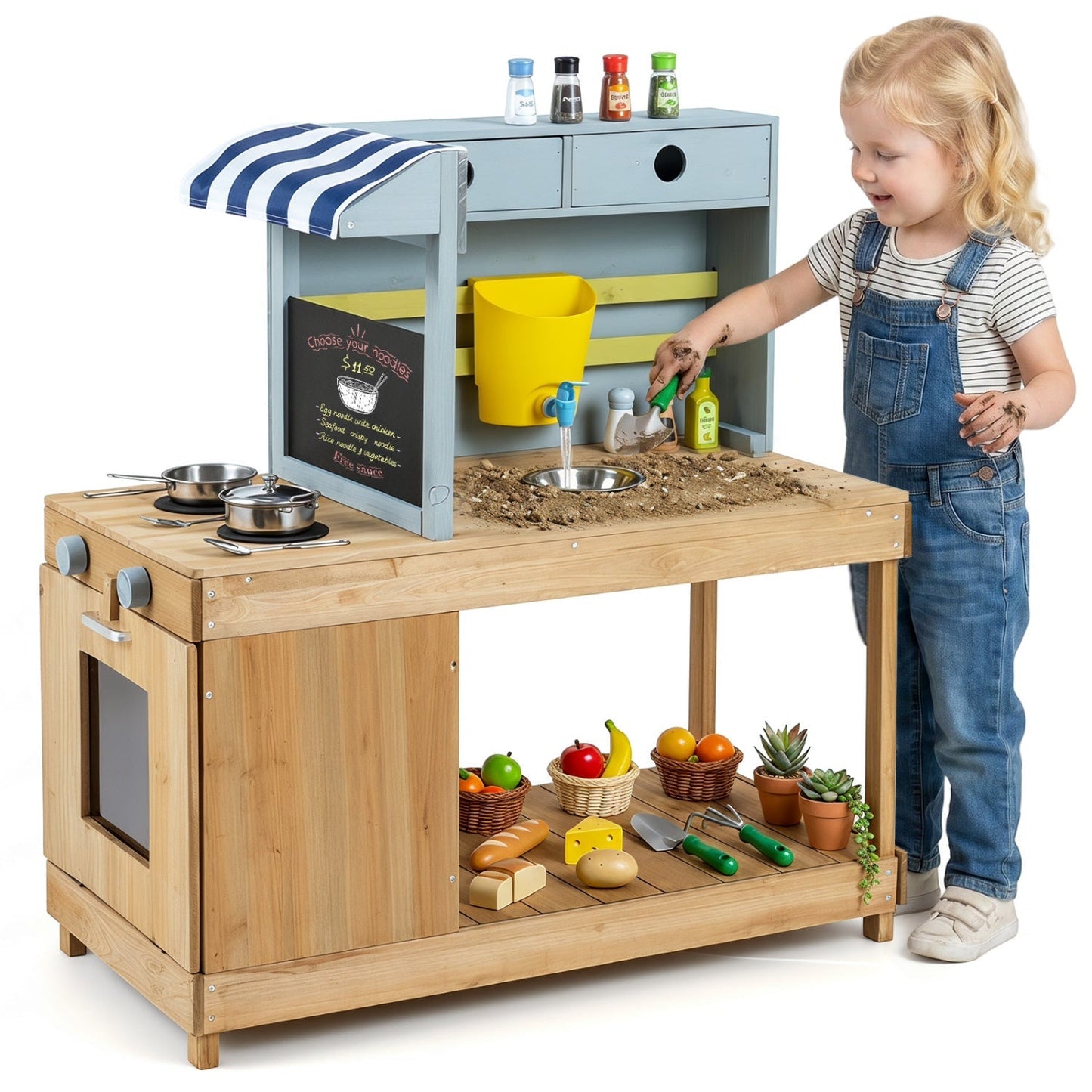 Kids Wooden Mud Kitchen Playset with Canopy and Faucet