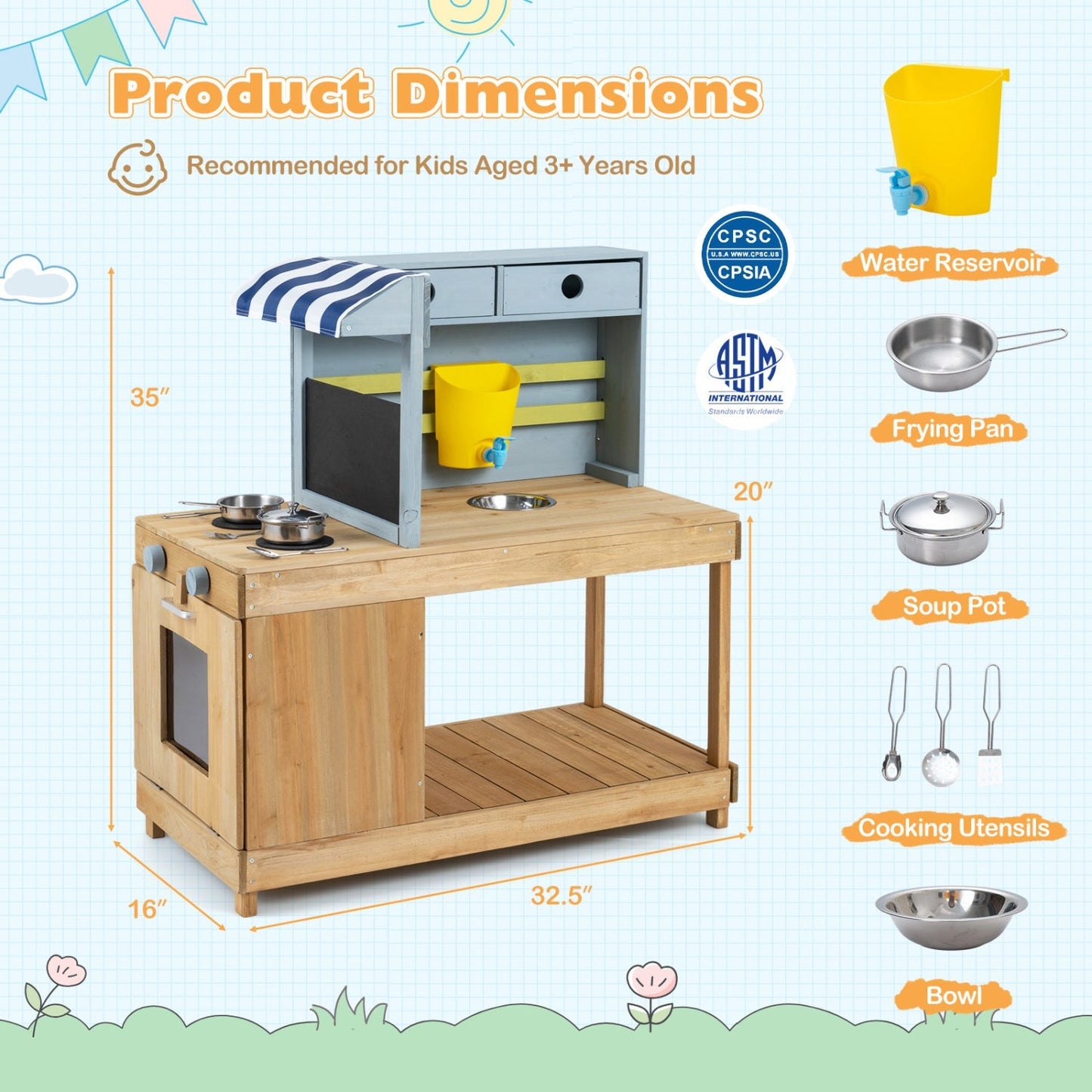 Kids Wooden Mud Kitchen Playset with Canopy and Faucet