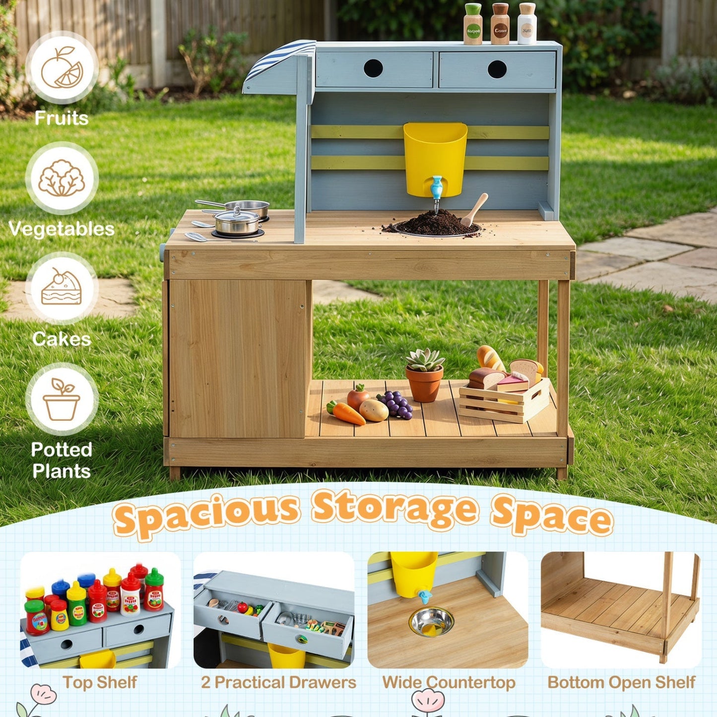 Kids Wooden Mud Kitchen Playset with Canopy and Faucet