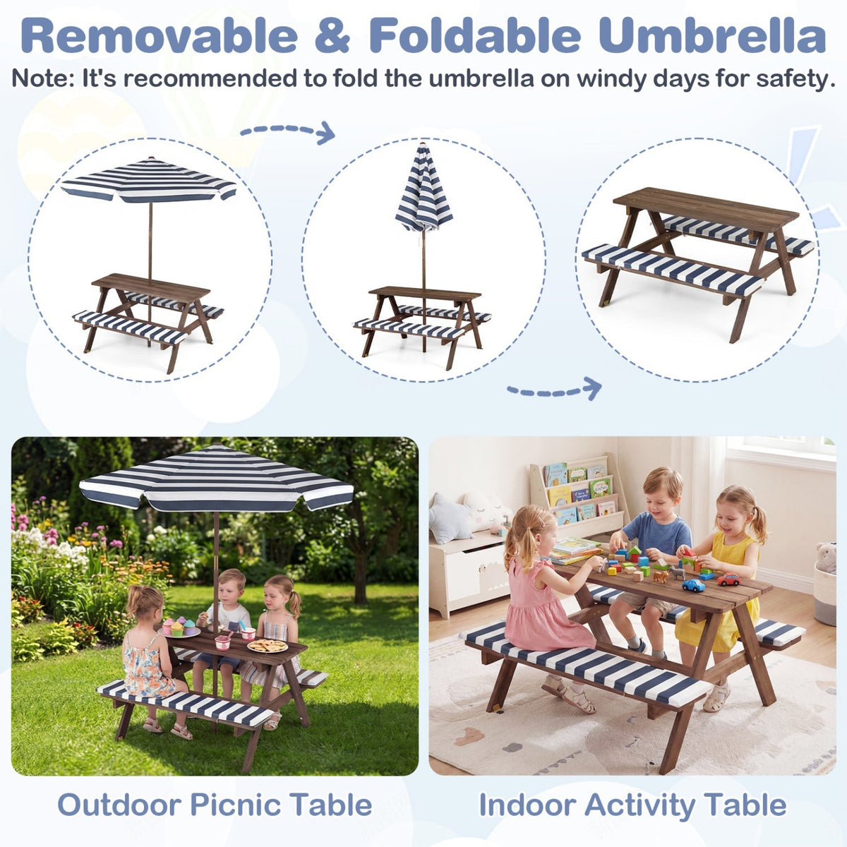 Fir Wood Kids Picnic Table with 2 Built-in Benches and Umbrella