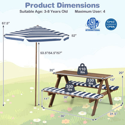 Fir Wood Kids Picnic Table with 2 Built-in Benches and Umbrella