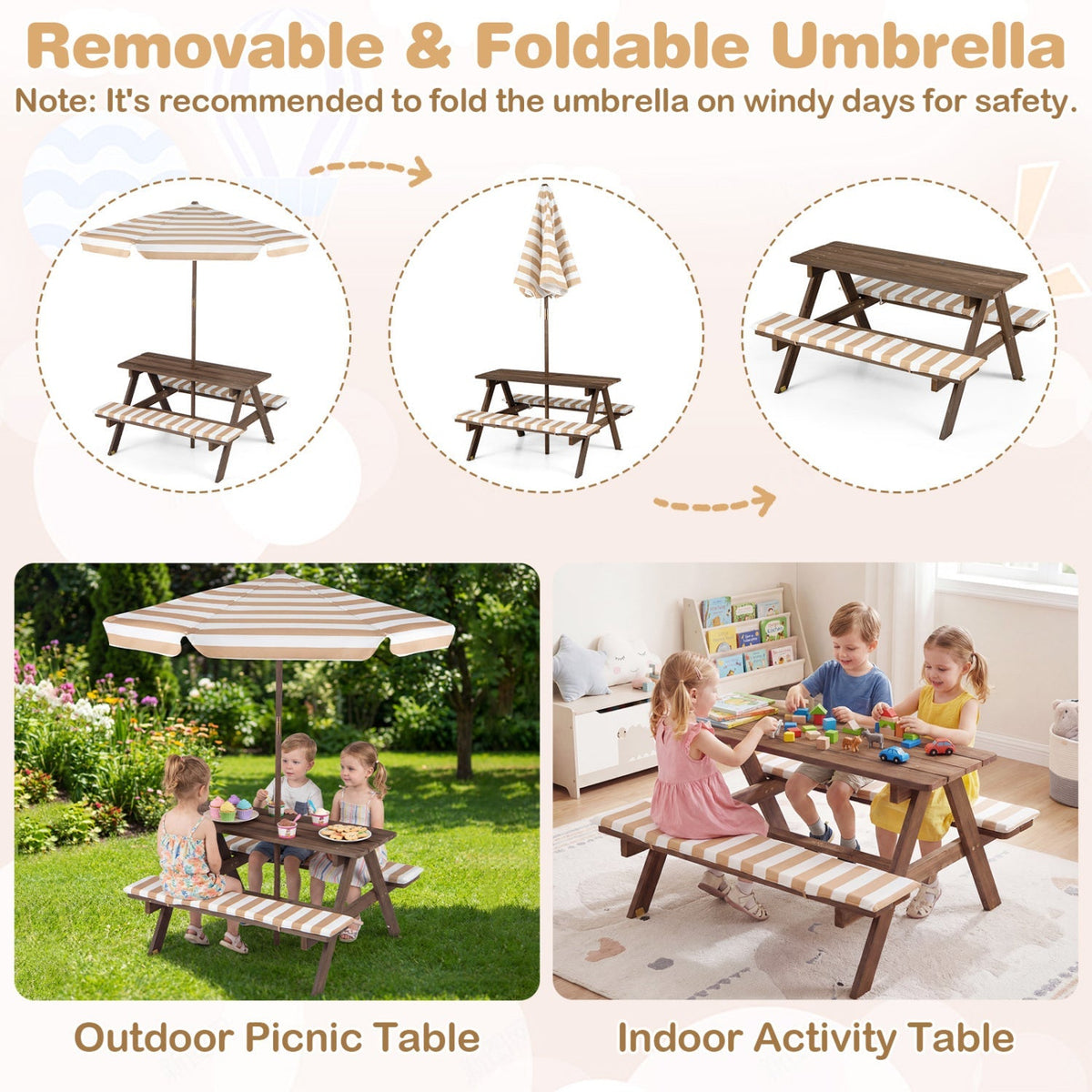 Fir Wood Kids Picnic Table with 2 Built-in Benches and Umbrella