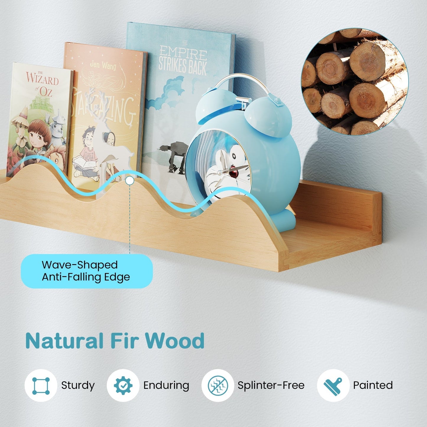 24 Inch Kids Bookshelf Set of 4 Wall-Mounted Picture Ledge Shelf-Natural