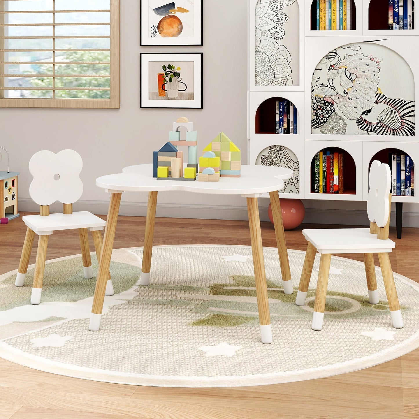 Flower-shaped Kids Table Set with Solid Pine Wood Legs