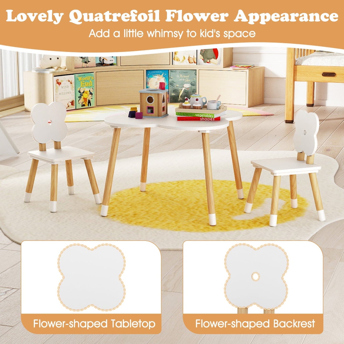 Flower-shaped Kids Table Set with Solid Pine Wood Legs