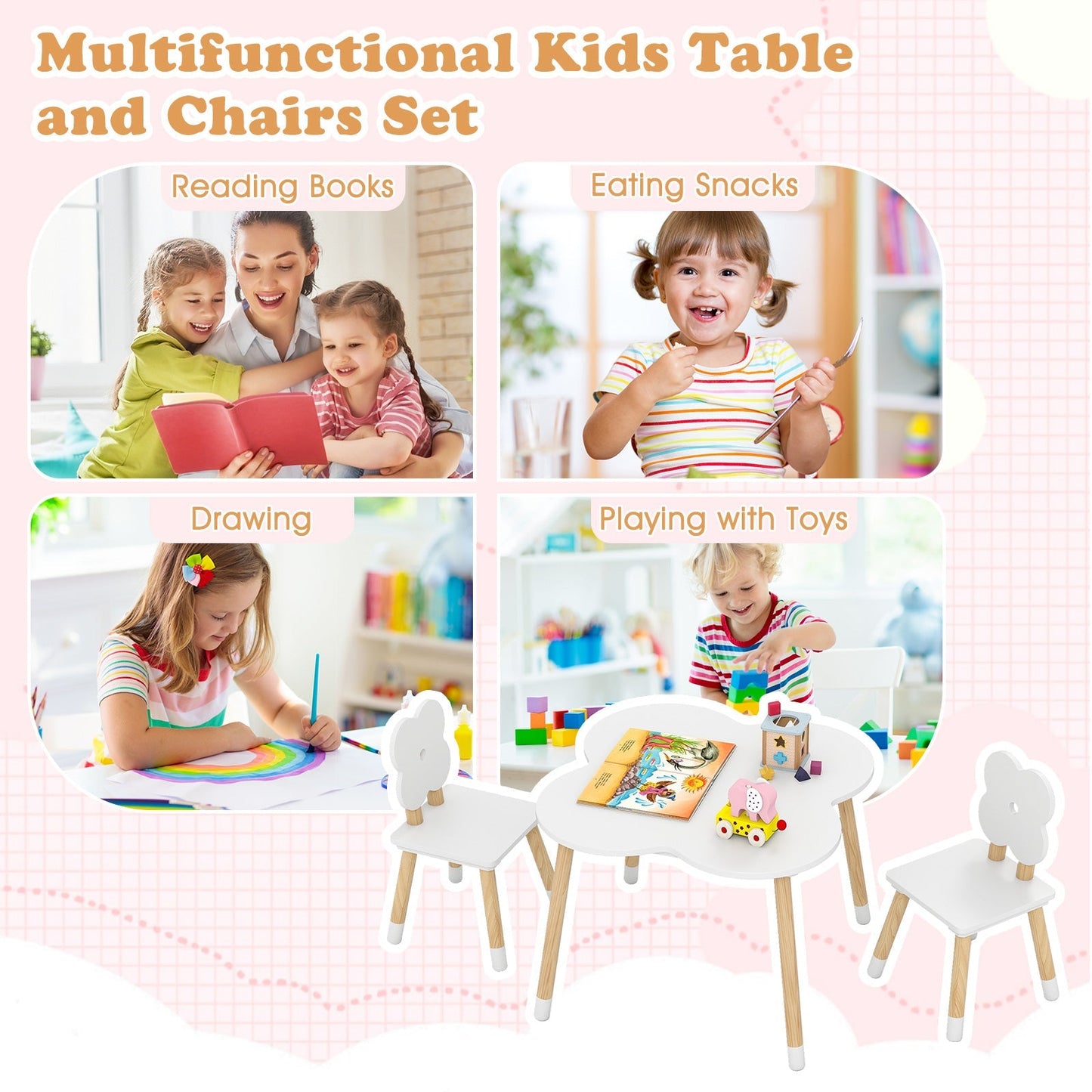 Flower-shaped Kids Table Set with Solid Pine Wood Legs
