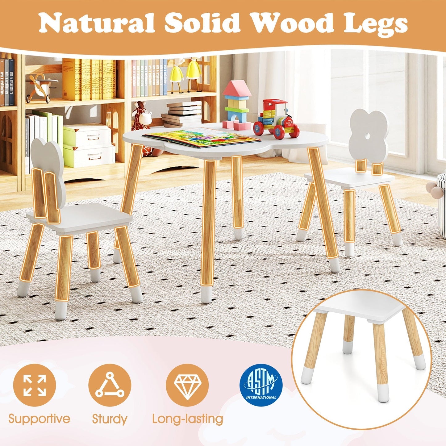 Flower-shaped Kids Table Set with Solid Pine Wood Legs