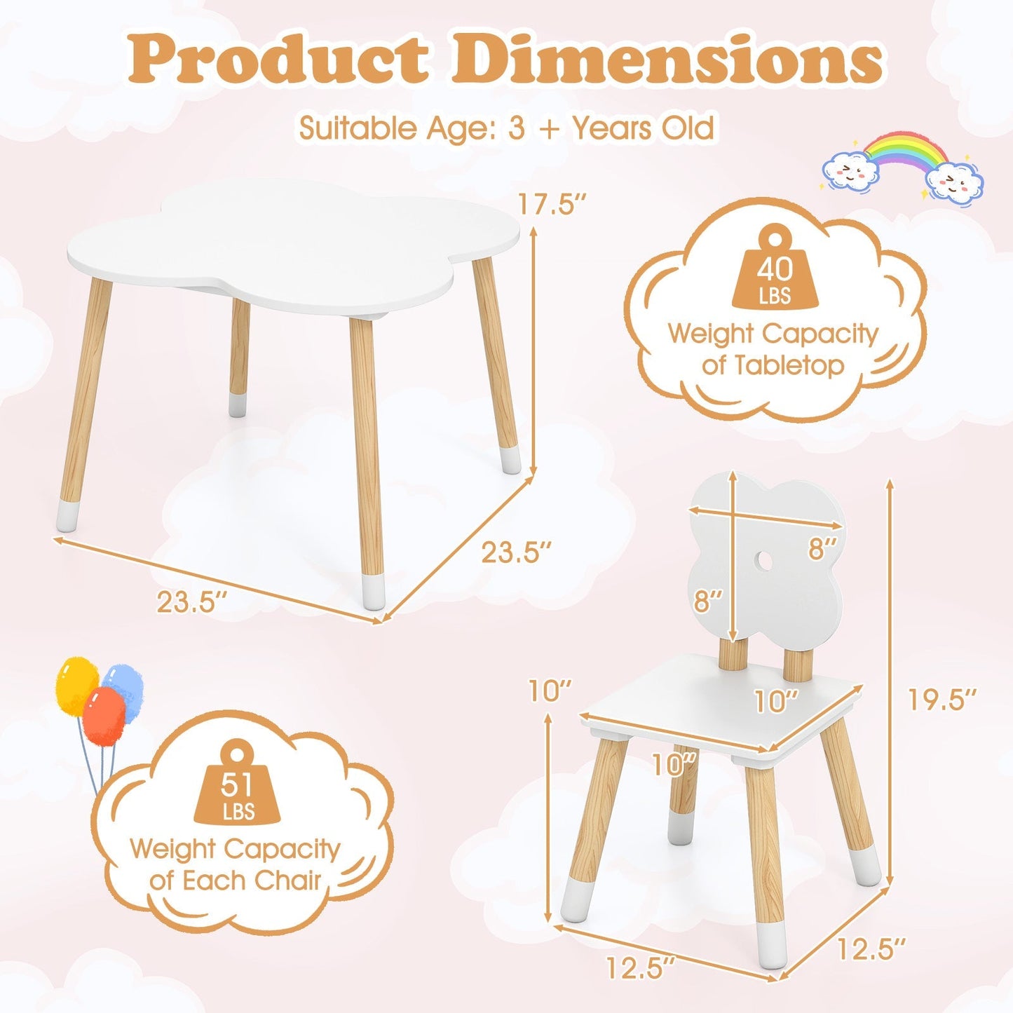 Flower-shaped Kids Table Set with Solid Pine Wood Legs