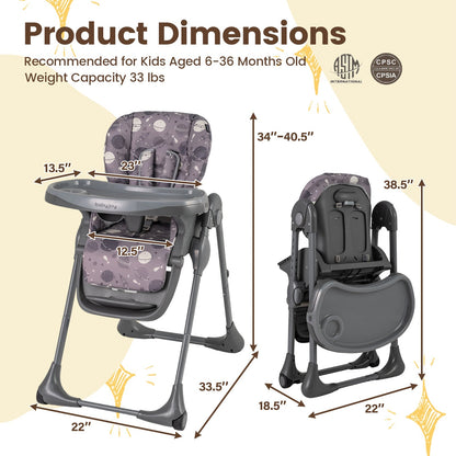 Folable High Chair with Detachable Cushion and High Chair for Babies and Toddlers-Gray