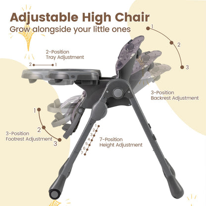Folable High Chair with Detachable Cushion and High Chair for Babies and Toddlers-Gray