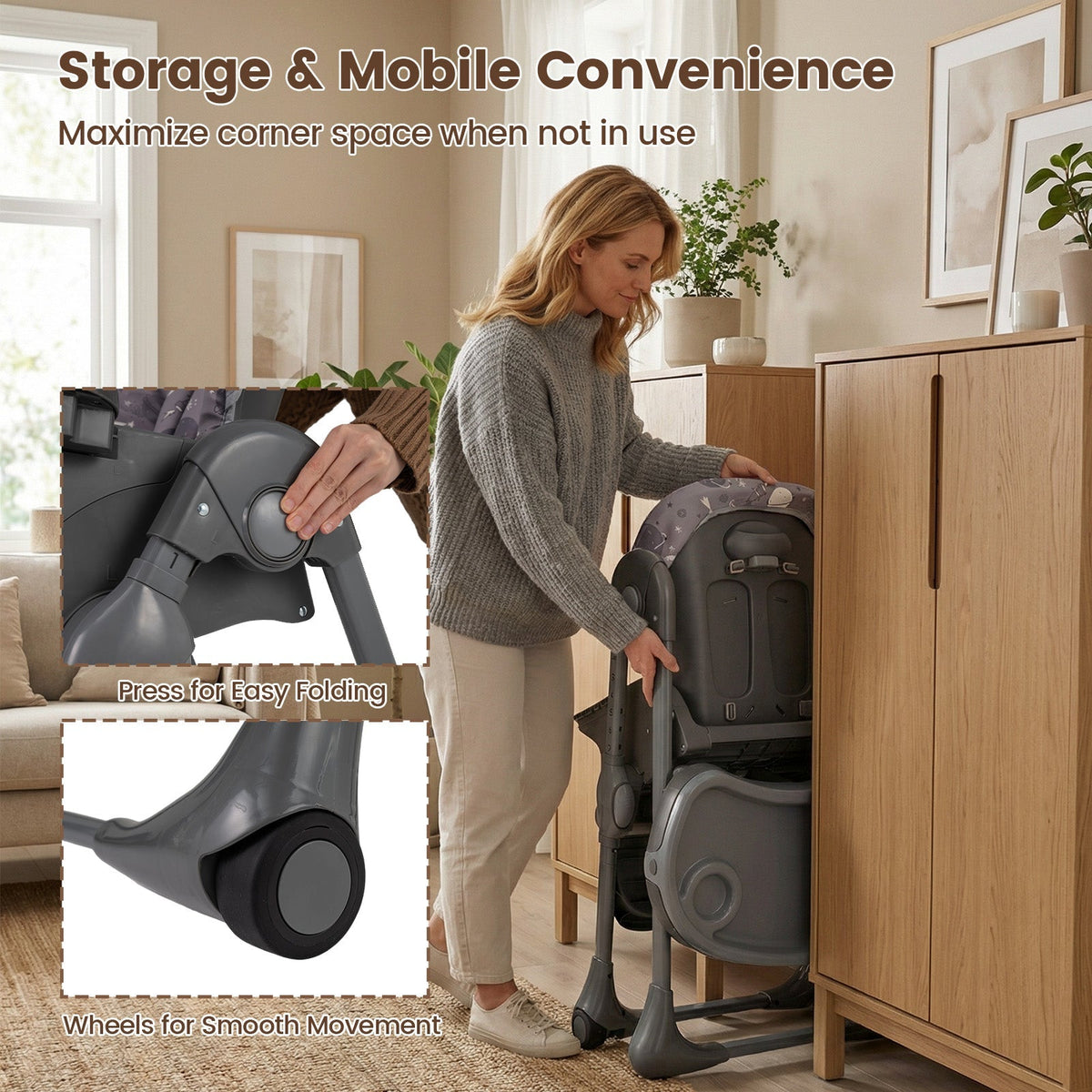 Folable High Chair with Detachable Cushion and High Chair for Babies and Toddlers-Gray