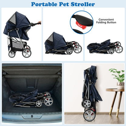 Folding Pet Stroller with Storage Basket and Adjustable Canopy-Navy