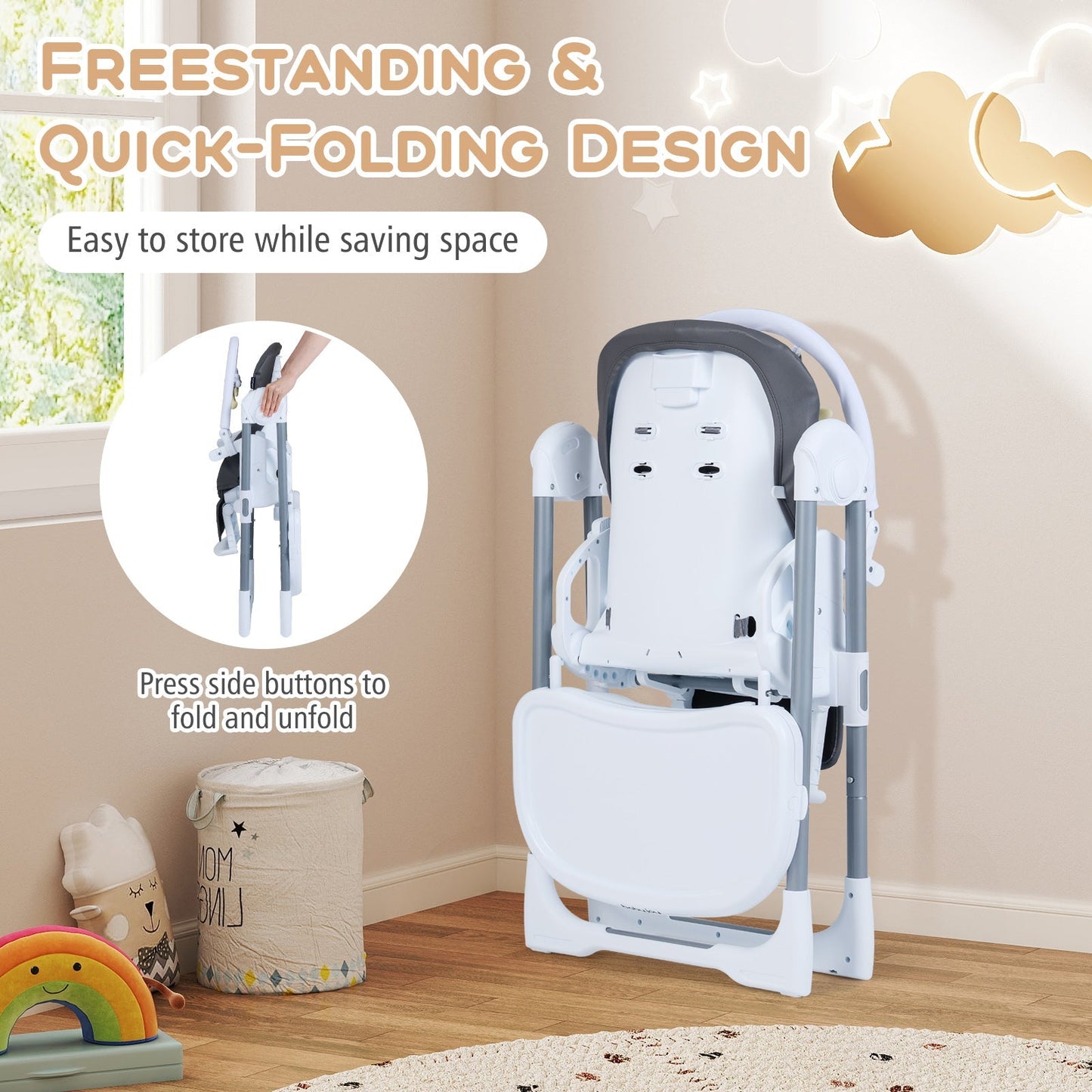 Foldable Baby High Chair with Adjustable Height and Relining Seat