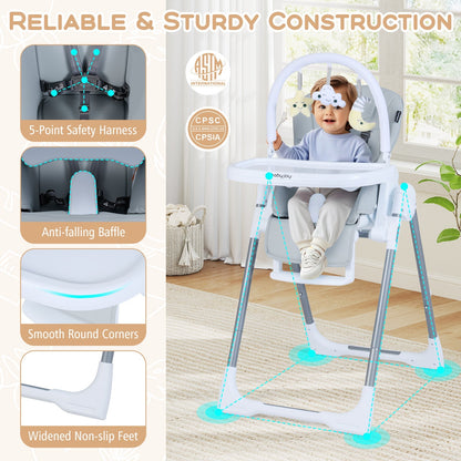 Foldable Baby High Chair with Adjustable Height and Relining Seat