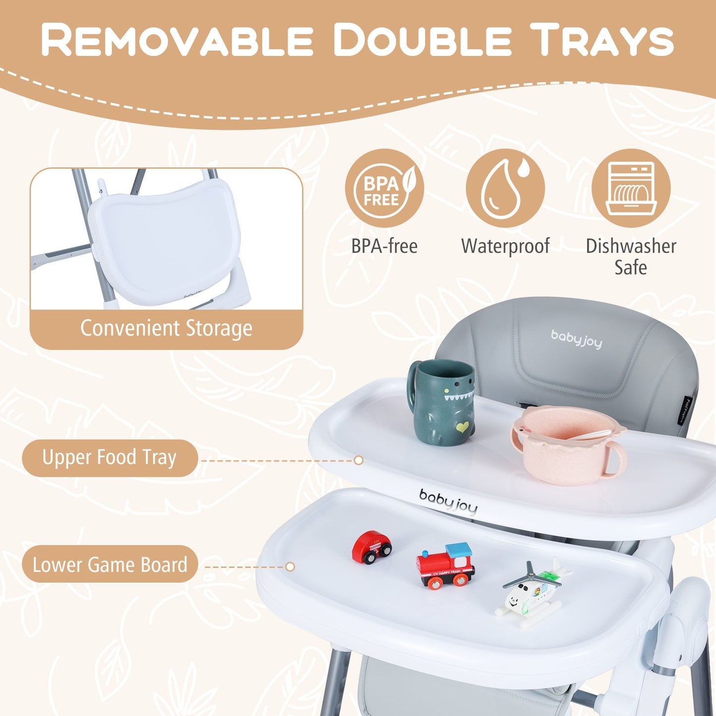 Foldable Baby High Chair with Adjustable Height and Relining Seat