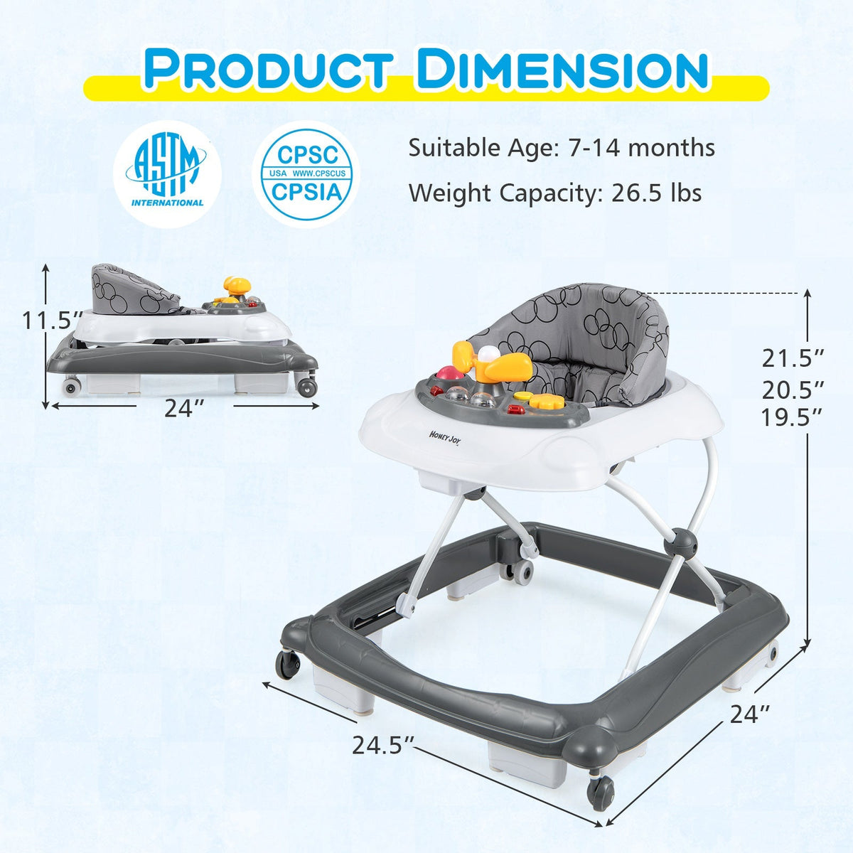 Foldable Baby Walker with 3 Adjustable Heights and Padded Seat