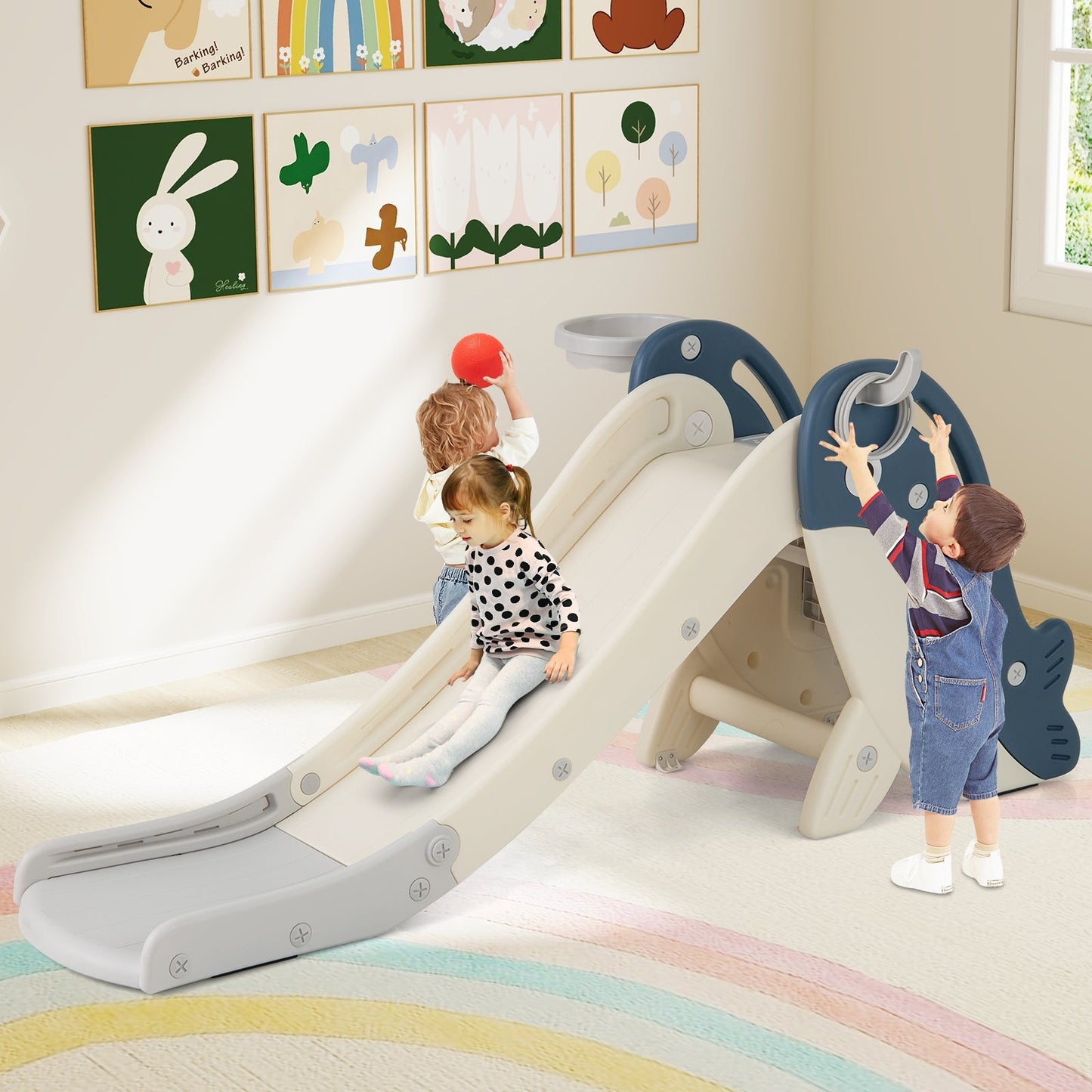 Foldable Freestanding Baby Slide Climber Playset with Basketball Hoop for Kids-Blue