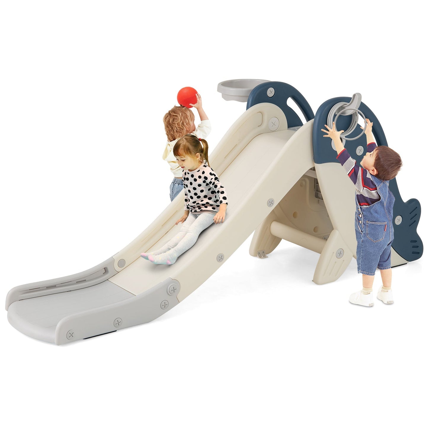 Foldable Freestanding Baby Slide Climber Playset with Basketball Hoop for Kids-Blue
