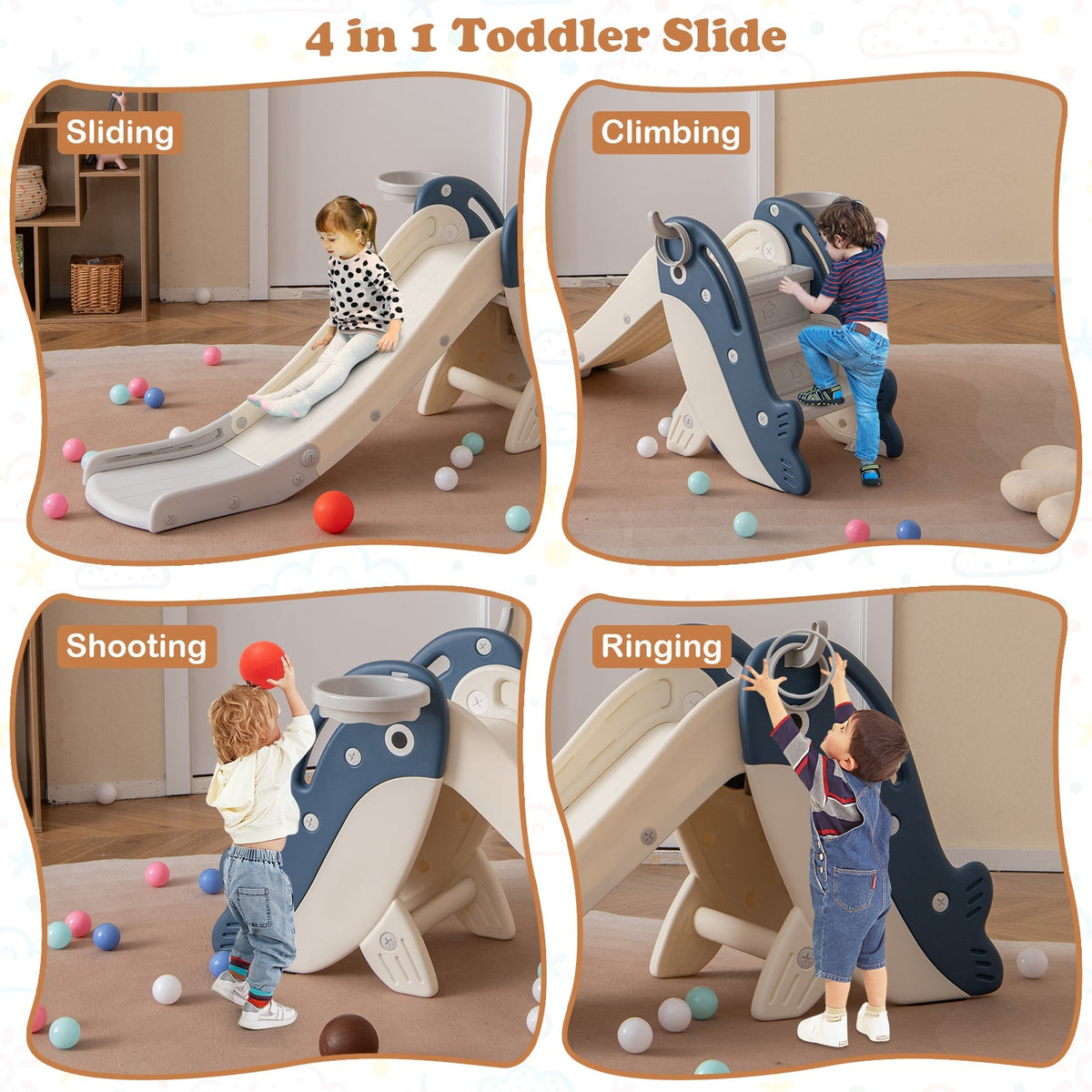 Foldable Freestanding Baby Slide Climber Playset with Basketball Hoop for Kids-Blue