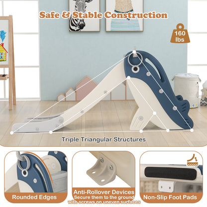 Foldable Freestanding Baby Slide Climber Playset with Basketball Hoop for Kids-Blue