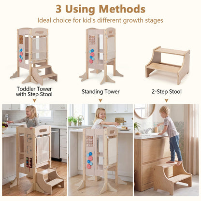 Foldable Toddler Step Stool Wooden Kitchen Standing Tower with 2
