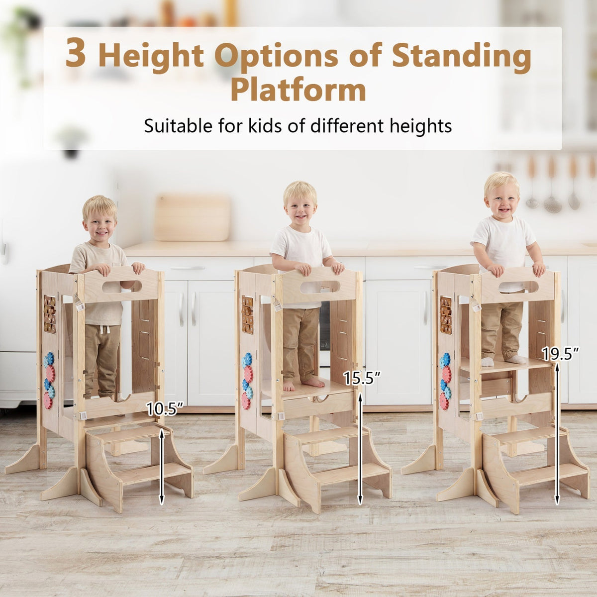 Foldable Toddler Step Stool Wooden Kitchen Standing Tower with 2